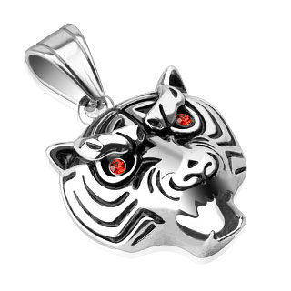 Pendentif acier tte de tigre aux yeux rouges