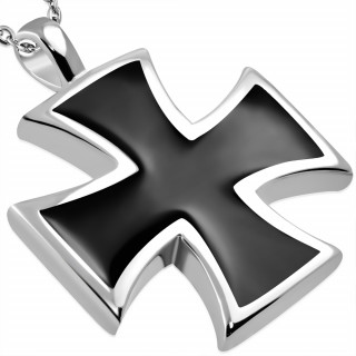 Pendentif croix de Malte noire et argente en acier