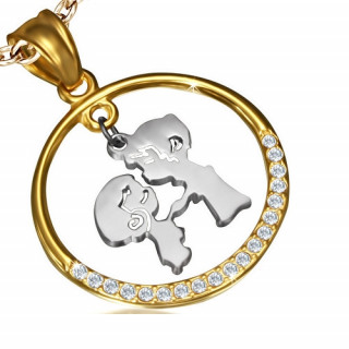 Pendentif femme acier couple amoureux dans cercle dor