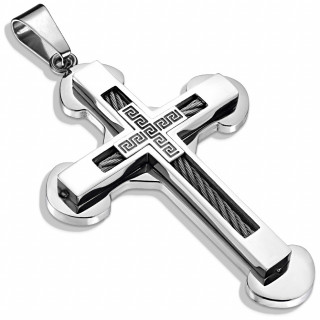 Pendentif homme croix  filins d'acier et motif labyrinthe