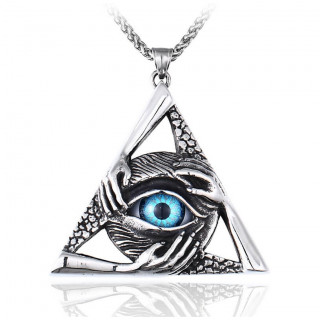 Pendentif homme Triangle  oeil bleu et mains en acier