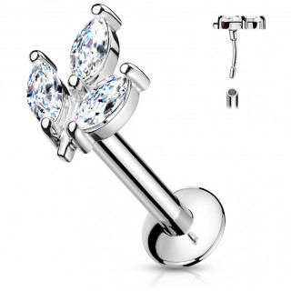 Piercing labret acier  3 feuilles strass type "Push In"