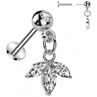 Piercing labret  boule push-in sertie et feuille de zirconiums (lvre, tragus, hlix...)