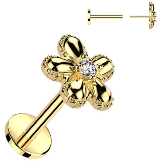 Piercing labret dor Push-in  fleur bombe sertie