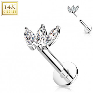 Piercing labret Or Blanc 14 carats  diadme de Zirconiums clairs (push-in)