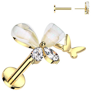 Piercing labret push-in dor double papillon fantaisie (lvre, tragus, hlix...)