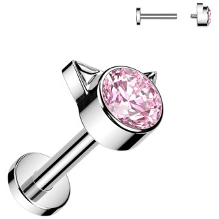 Piercing labret Titane chat zirconium rose(filetage interne)