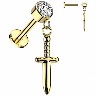 Piercing labret Titane dor  poignard en pendentif et zirconium