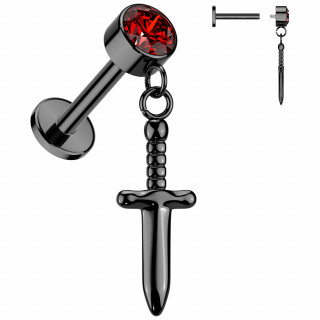 Piercing labret Titane noir  poignard en pendentif et zirconium rouge