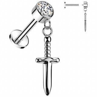 Piercing labret Titane  poignard en pendentif et zirconium