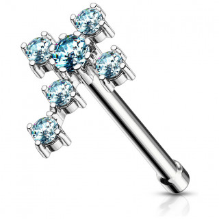 Piercing nez croix latine strass  tige droite - Bleu aqua