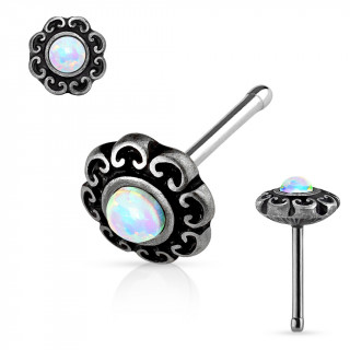 Piercing nez gris ancien  coeurs et Opale blanche