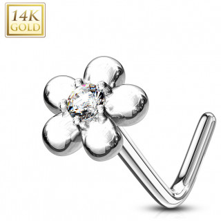 Piercing nez or blanc 14 carats fleur sertie  ptales ronds - Clair - Tige L