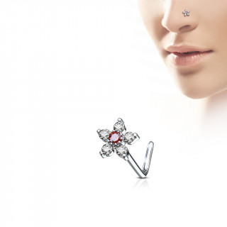 Piercing nez tige L  fleur strass claire et rouge