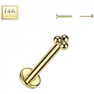 Piercing nez tige labret  3 perles style bohmien en Or jaune 14 carats