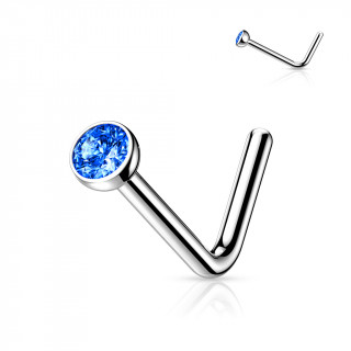 Piercing nez titane en "L"  demi-boule strass Bleu