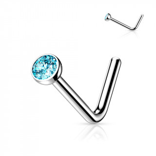 Piercing nez titane en "L"  demi-boule strass Bleu aqua