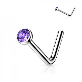 Piercing nez titane en "L"  demi-boule strass Violet