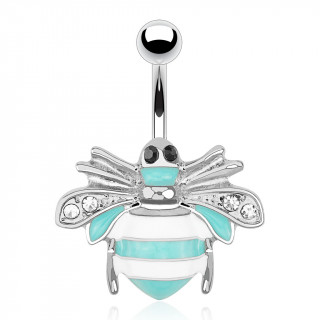 Piercing nombril avec abeille bleu turquoise et blanche