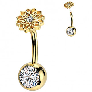 Piercing nombril dor Titane push-in   fleur de lotus et boule sertie