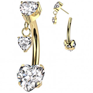 Piercing nombril dor Titane  zirconiums en coeurs  pendentif (push-in)