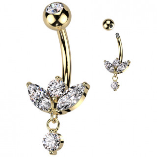 Piercing nombril dor  triple marquise et zirconium suspendu