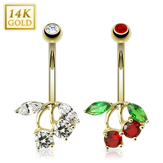 Piercing nombril en or 14 carats  paire de cerises et feuilles serties