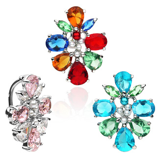 Piercing nombril invers fleur abstraite multicolore perle