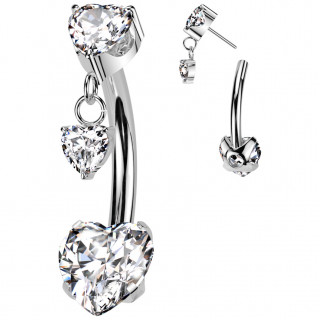 Piercing nombril Titane  zirconiums en coeurs  pendentif (push-in)