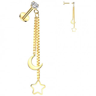 Piercing oreille acier dor  lune et toile suspendues (lobe, hlix, flat...)