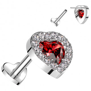 Piercing oreille coeur rouge pourtours strass Titane Push-in (lobe, hlix, tragus...)