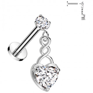 Piercing oreille  coeur zirconium et spirale en pendentif