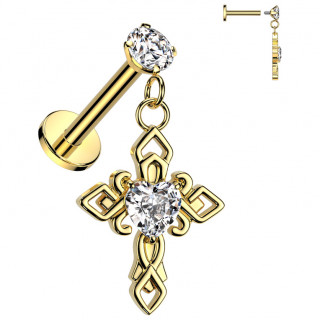 Piercing d'oreille croix celtique dore avec coeur en strass