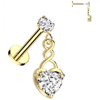 Piercing oreille dor  coeur zirconium et spirale en pendentif