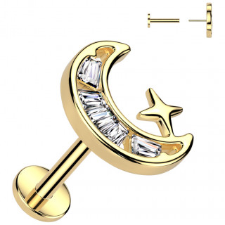 Piercing oreille dor croissant de lune serti et toile (push-in)