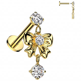 Piercing d'oreille noeud papillon dor avec strass suspendus