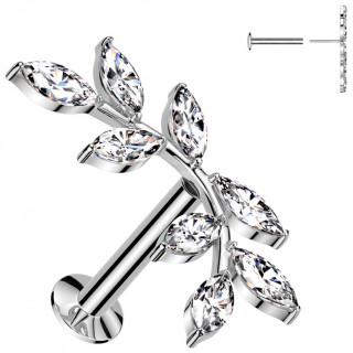 Piercing oreille push-in  branche luxuriante orne de feuilles de zirconiums