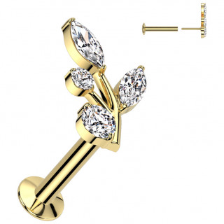 Piercing oreille push-in dor  rameau de feuilles zirconiums