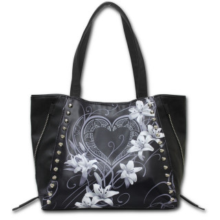 Sac  main noir "coeur pur" avec fleurs blanches