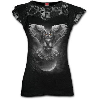 T-shirt femme gothique  dentelles avec hibou en chasse et pleine lune