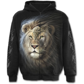 Sweat-shirt  capuche homme noir  zip avec Lion fier en armure