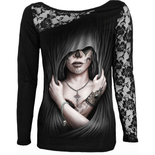 Top femme gothique manche dentelle "DEAD LOVE"  femme Calavera